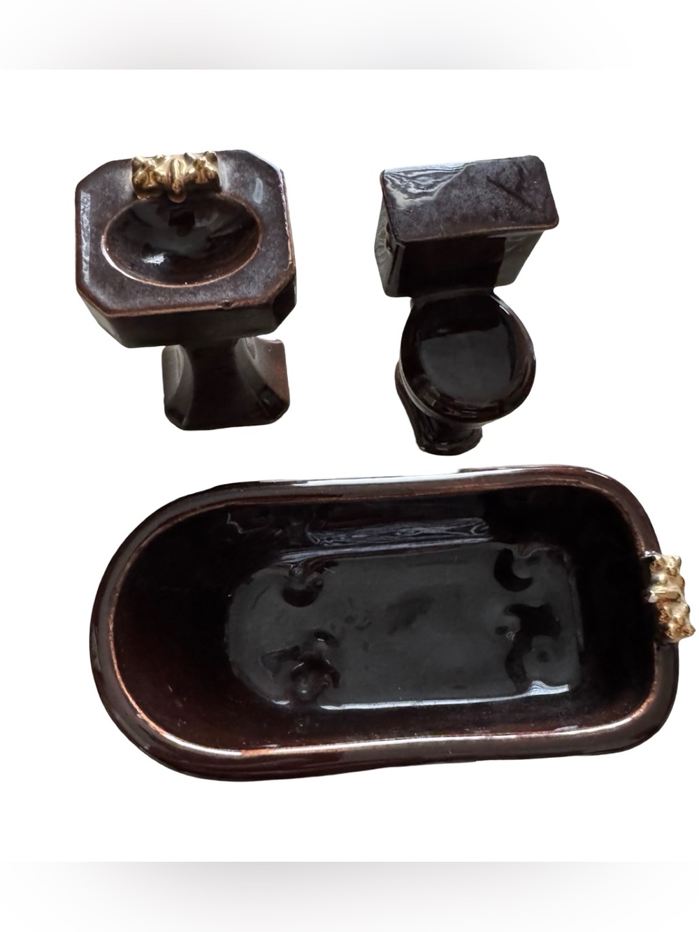 Vintage Ceramic Dollhouse Bathroom Set 3pc Brown Glaze Gold Tub Sink Toilet
